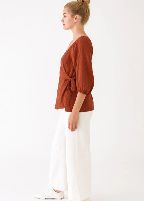 Rust Brown Wrap Blouse with Puff Sleeves - Meemseen Independent
