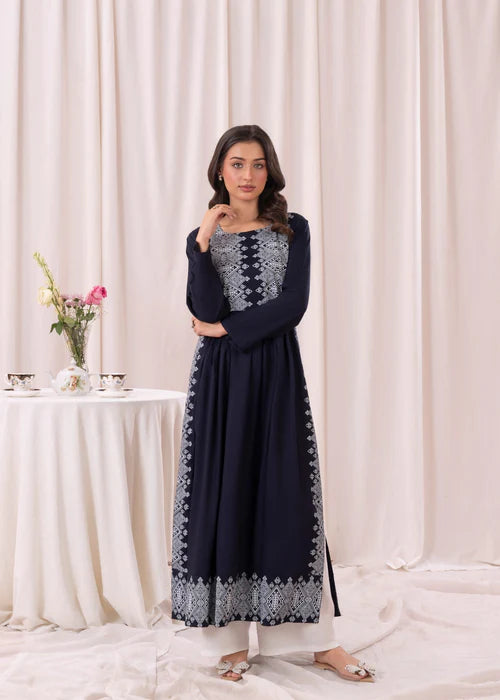 Blue White printed long kurta 1 Piece D118 - Laal Kurti