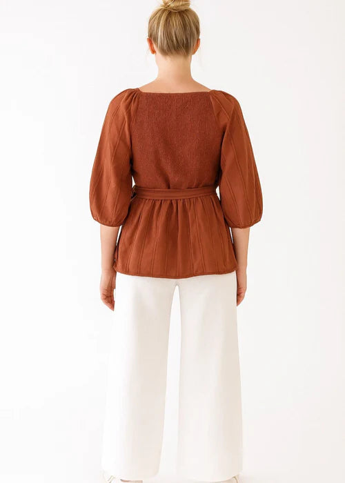 Rust Brown Wrap Blouse with Puff Sleeves - Meemseen Independent
