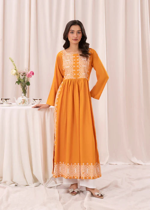 Mustard White printed long kurta 1 Piece D117 - Laal Kurti