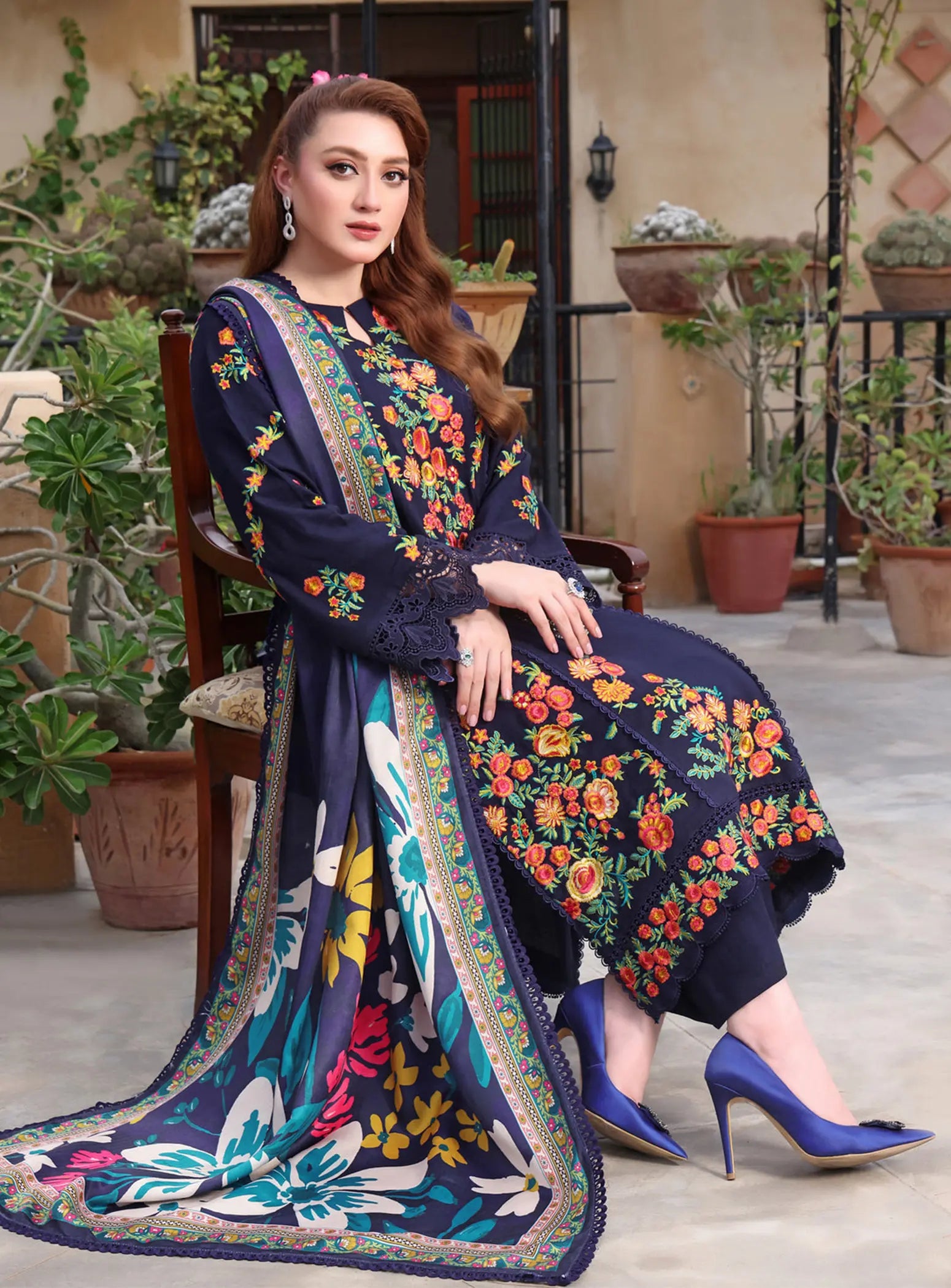 Stitched Peach Wool Emb 3pc - Tawakal Closet