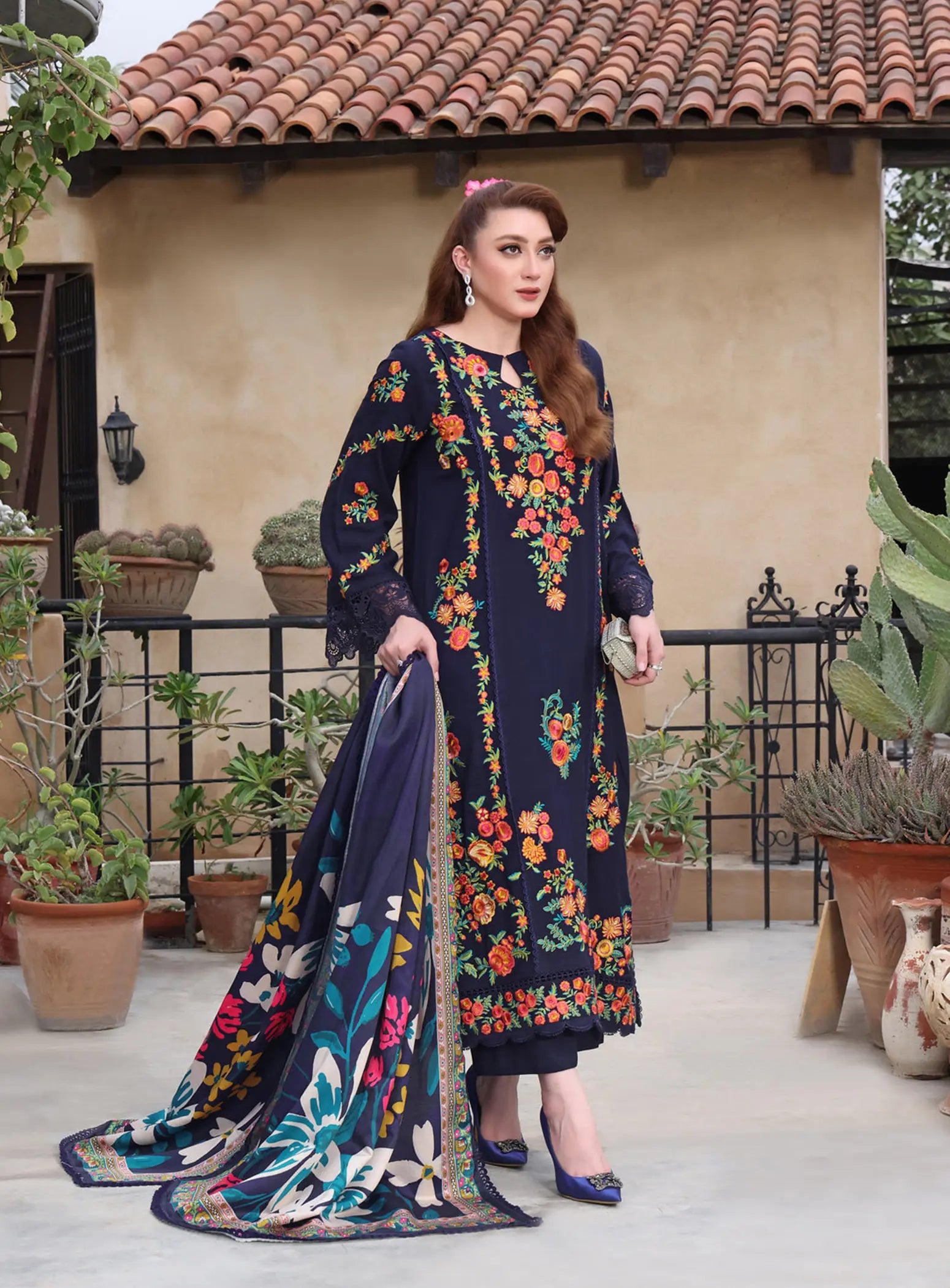 Stitched Peach Wool Emb 3pc - Tawakal Closet