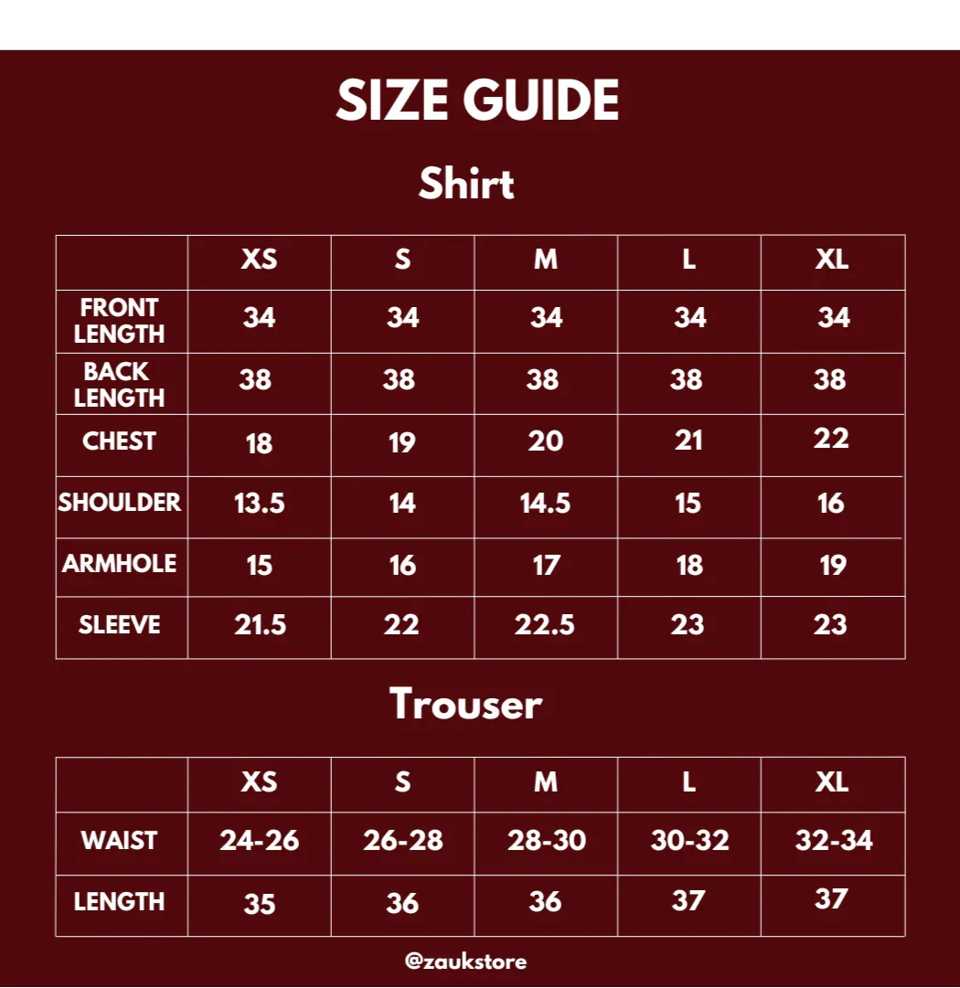 size chart of shirt and trouser.