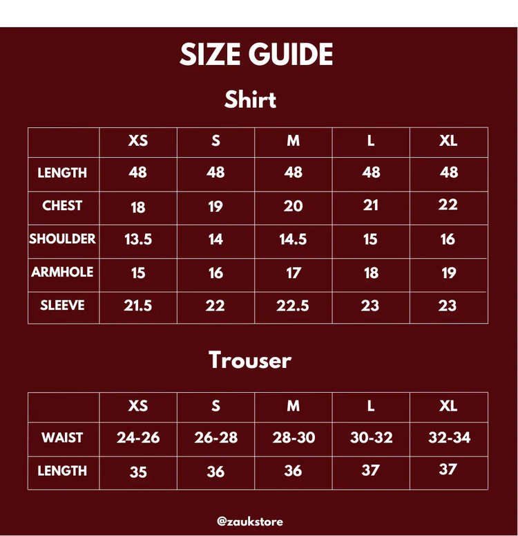 Size chart of shirt and trouser.