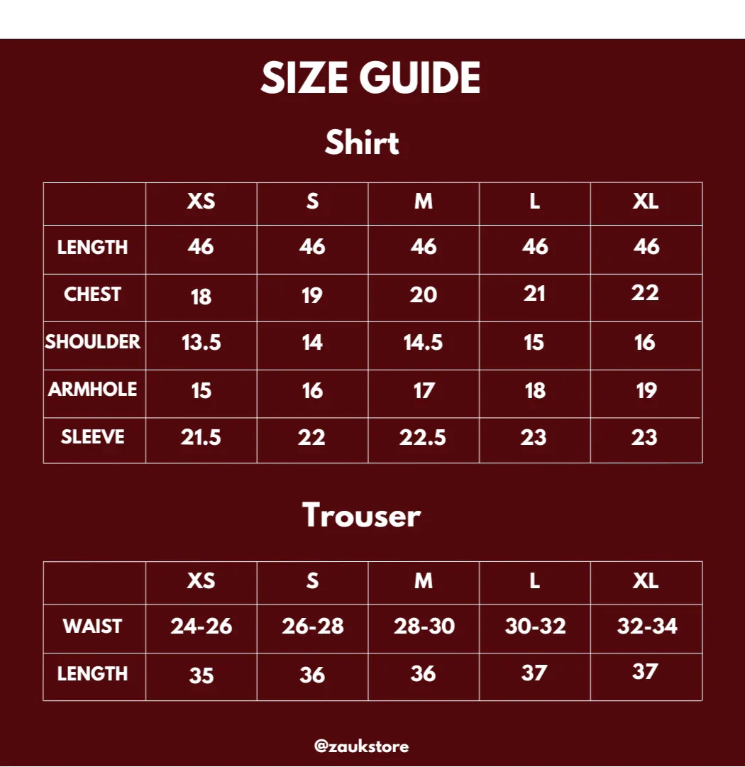 size chart of a shirt and trouser in inches.