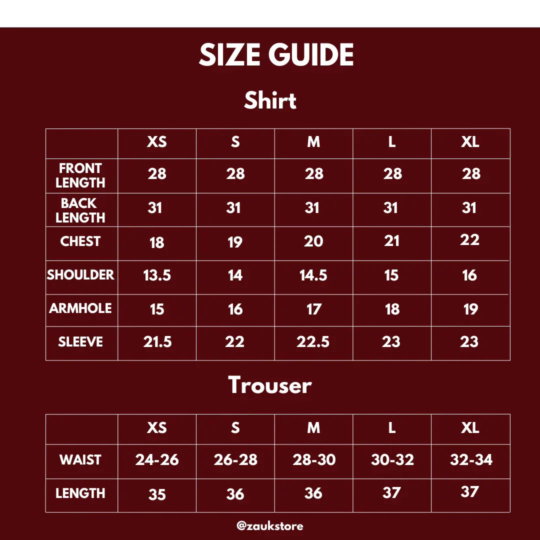 Size chart of a shirt and trouser in inches.