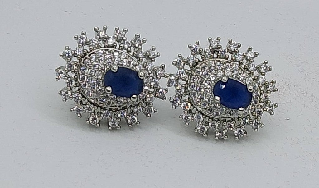 Midnight Royal Sapphire Studs Silver Crystal Halo Earrings - Hina Jewellery