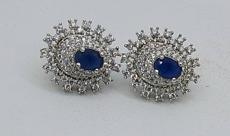 Midnight Royal Sapphire Studs Silver Crystal Halo Earrings - Hina Jewellery