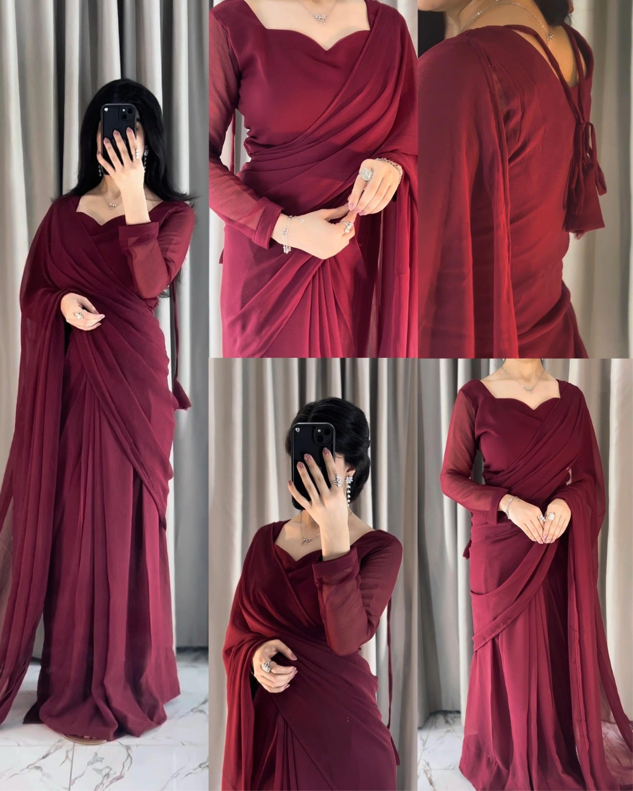 Sweetheart Neckline Shape Blouse with Chiffon Saree - Pachrangi