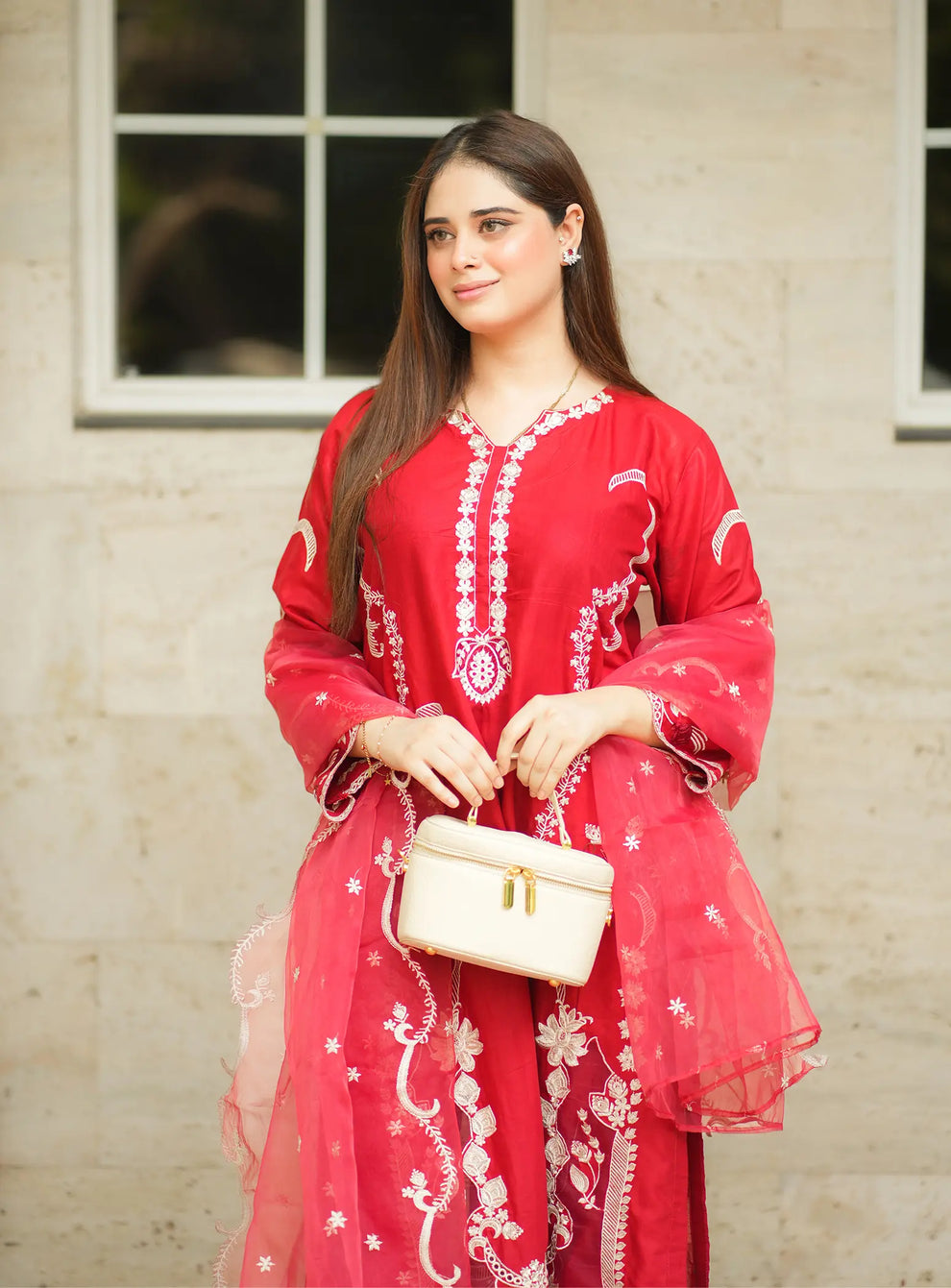Red Reverie Embroidered 3 Piece Suit - Urban Haya