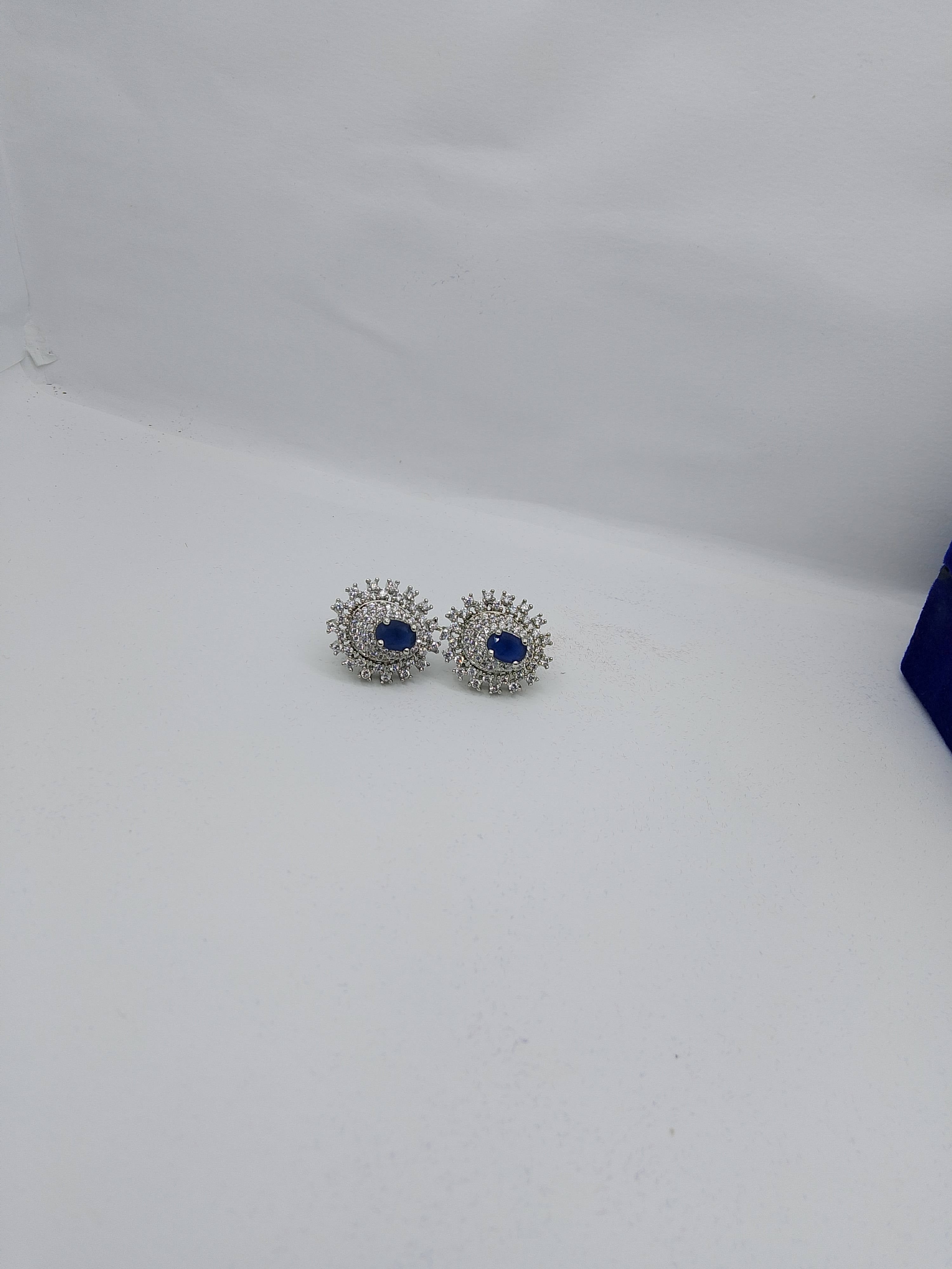 Midnight Royal Sapphire Studs Silver Crystal Halo Earrings - Hina Jewellery