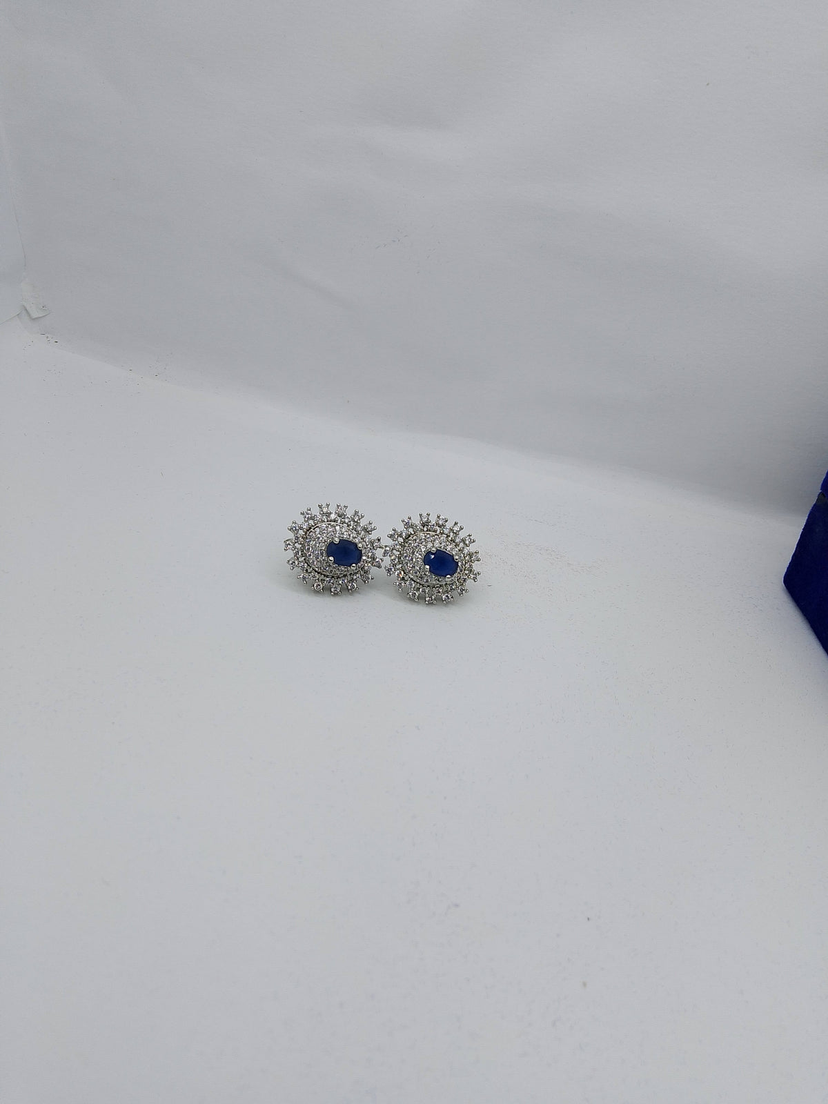 Midnight Royal Sapphire Studs Silver Crystal Halo Earrings - Hina Jewellery