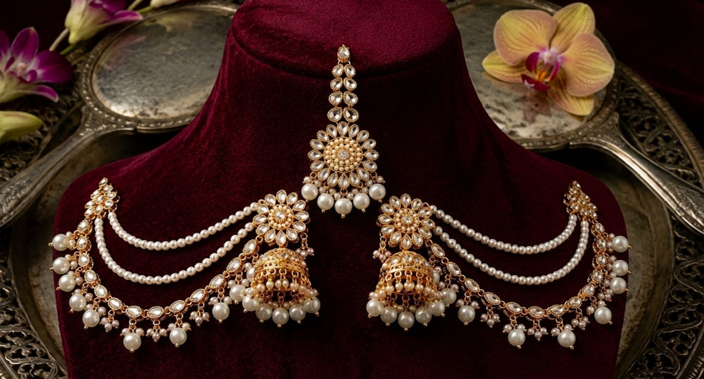 Golden Kundan Jhumka with Sahara & Tikka (Maang Patti) Set - Jewel Harmony