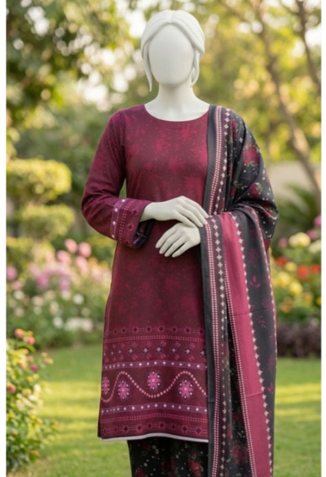 Midnight Berry Lawn 3Pcs Suit - Unstitched - Utsav