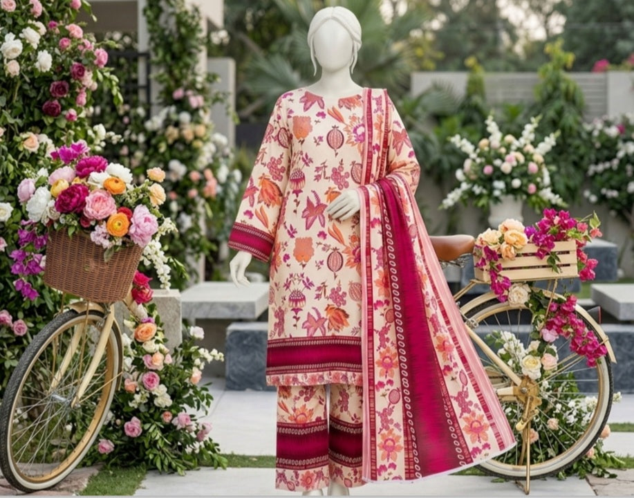 Rose Bloom Lawn 3Pcs Suit - Unstitched - Utsav