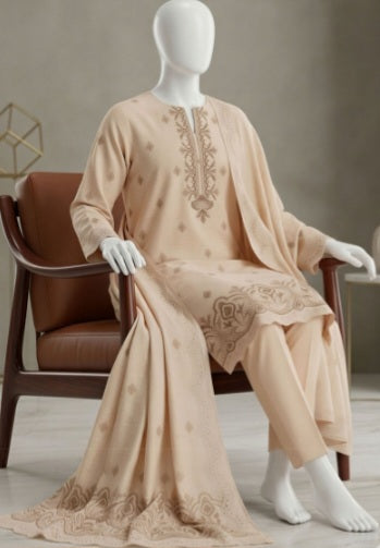 Elegant Beige Emb Lawn 3Pcs Suit - Unstitched - Utsav