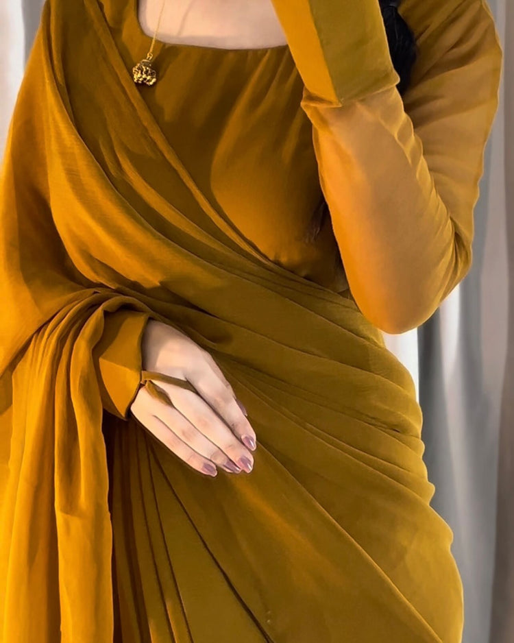 Round Neckline Shape Blouse with Chiffon Saree - Mustard - Pachrangi