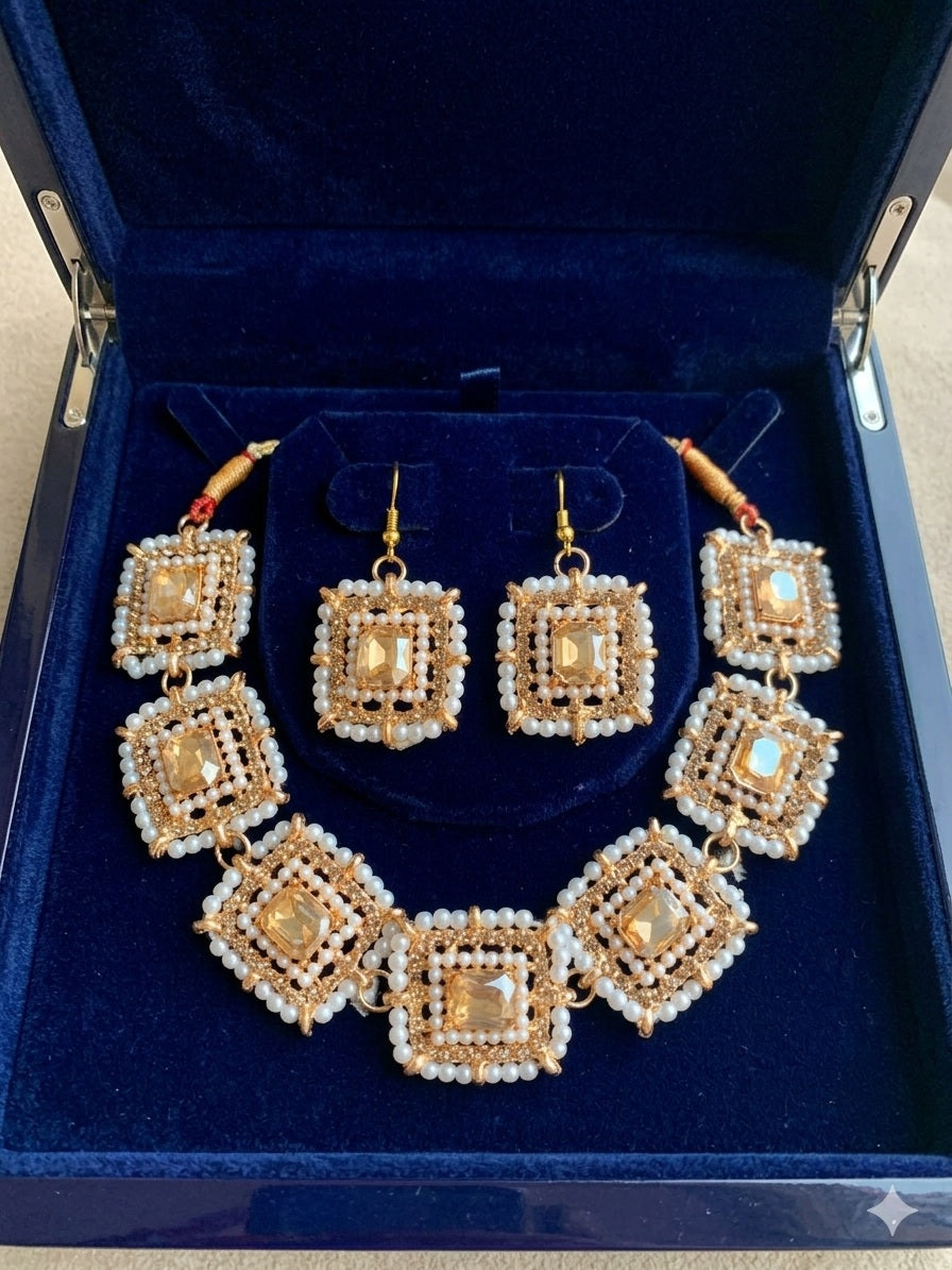 Royal Pearl & Crystal Choker Set – Imitation Gold Necklace & Earrings - Jewel Harmony