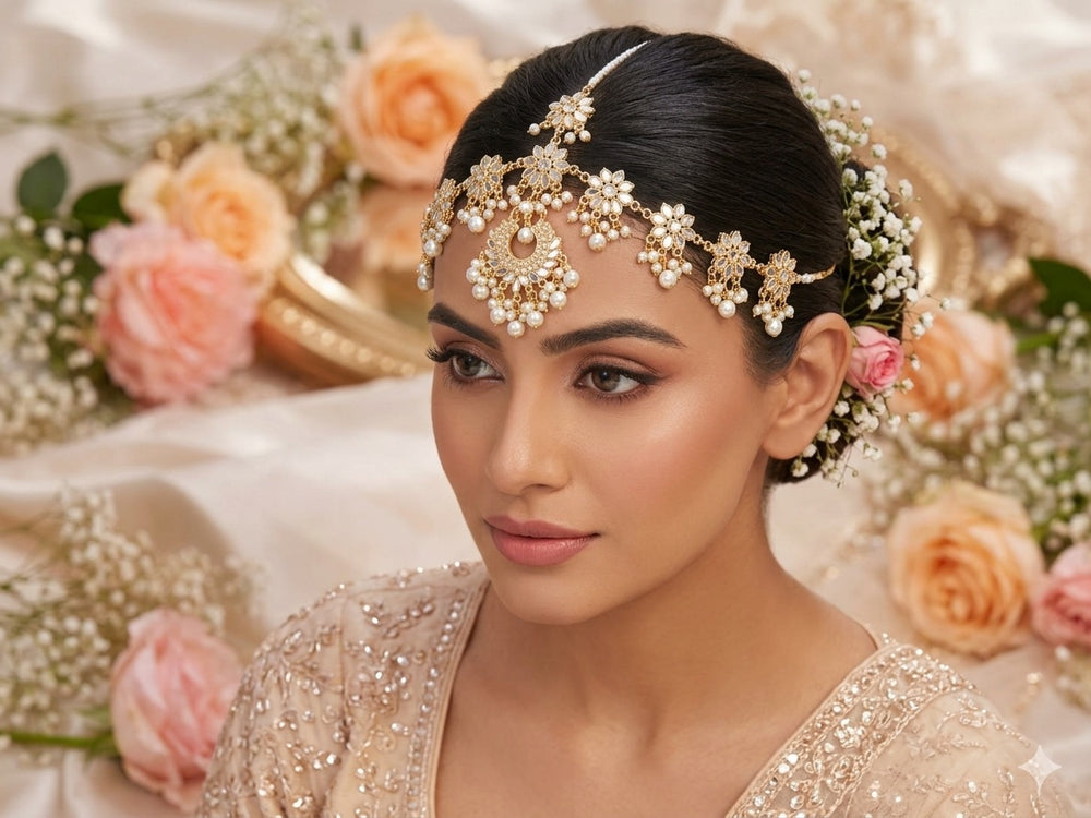 Golden Kundan Glass Matha Patti - Jewel Harmony