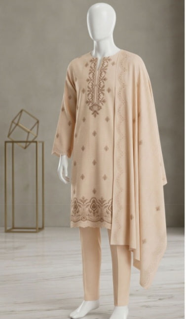 Elegant Beige Emb Lawn 3Pcs Suit - Unstitched - Utsav
