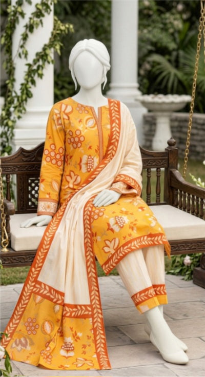 Golden Blossom Lawn 3Pcs Suit - Unstitched - Utsav