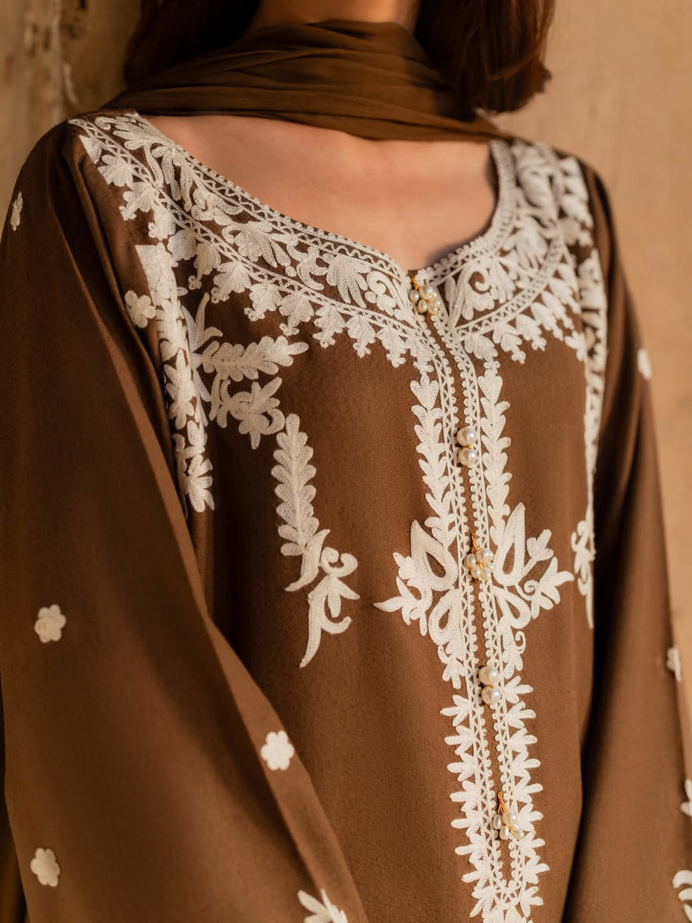 Camel Brown Embroidered 3 Piece Suit - Urban Haya