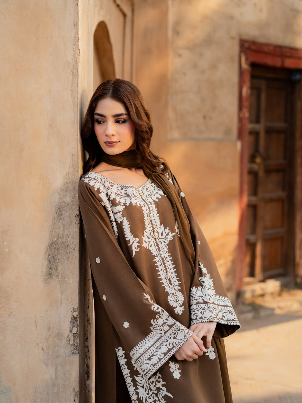 Camel Brown Embroidered 3 Piece Suit - Urban Haya