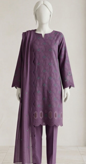 Gracefully Lavender Emb Lawn 3Pcs Suit - Unstitched - Utsav