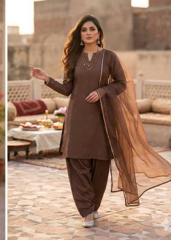 Walnut-Farshi 3-Piece Stitched Suit - Rang-e-Meeras