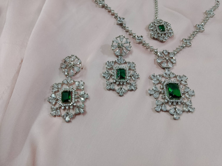 Emerald Royale Zircon Jewelry Set Necklace, Earrings & Tikka - Hina Jewellery