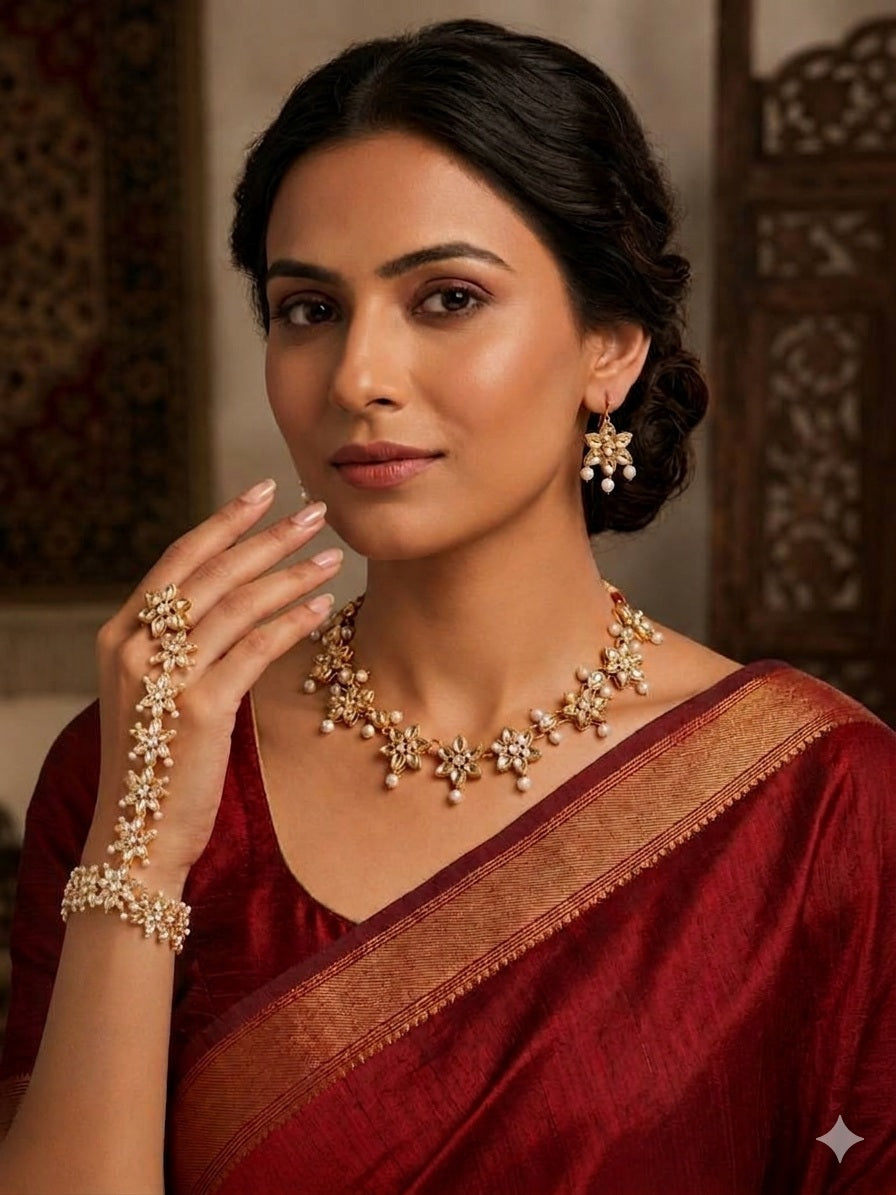 Kundan Bridal Necklace, Earrings & Haathphool Set – Imitation Gold - Jewel Harmony