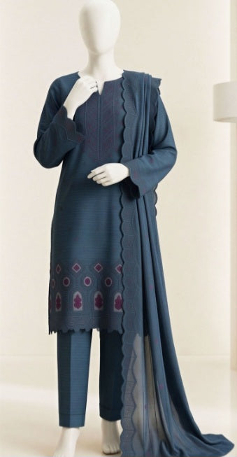 Elegant Teal Blue Emb Lawn 3Pcs Suit - Unstitched - Utsav