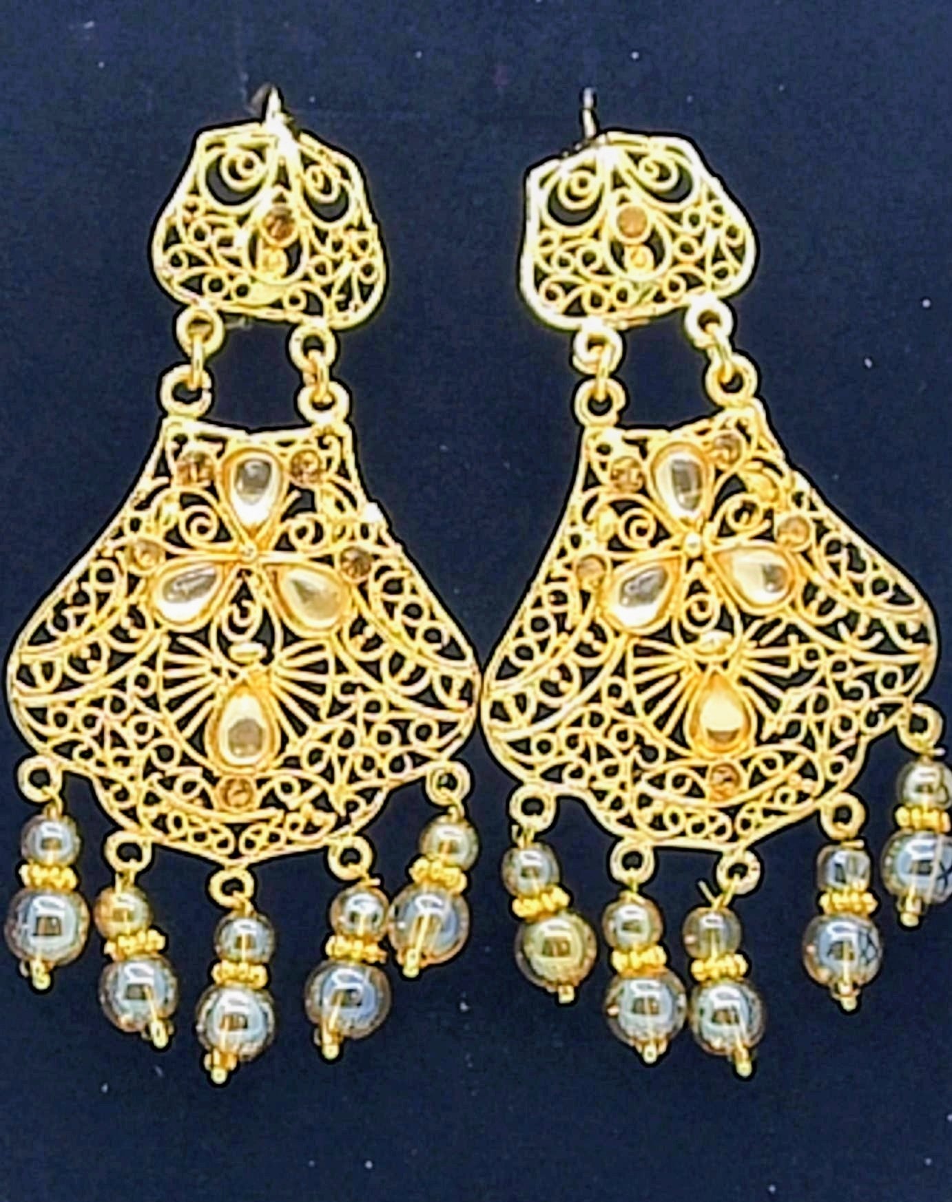 Golden Filigree Pearl Drop Earrings Wedding Party Wear - Hina Jewellery