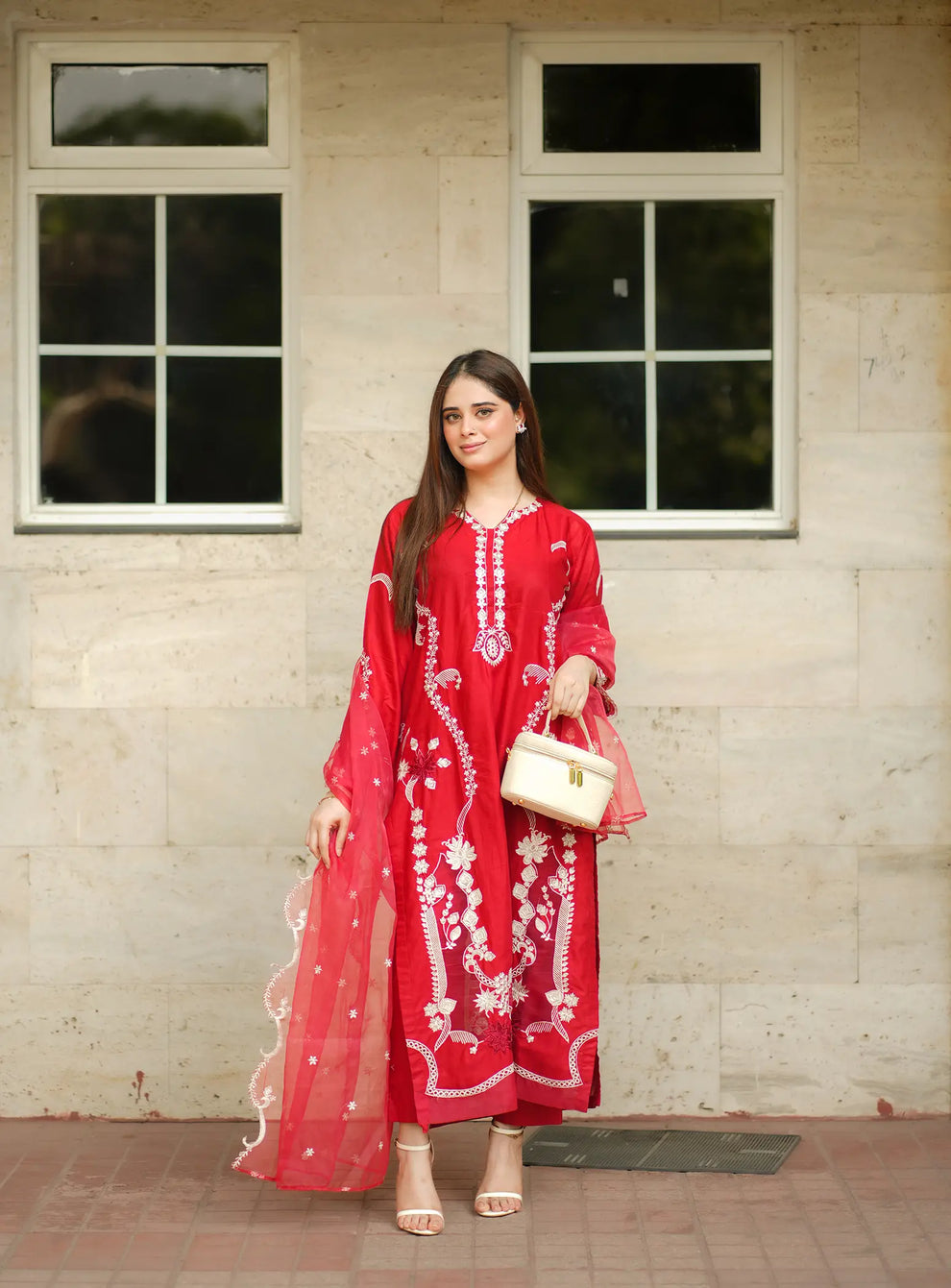 Red Reverie Embroidered 3 Piece Suit - Urban Haya