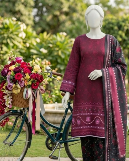 Midnight Berry Lawn 3Pcs Suit - Unstitched - Utsav