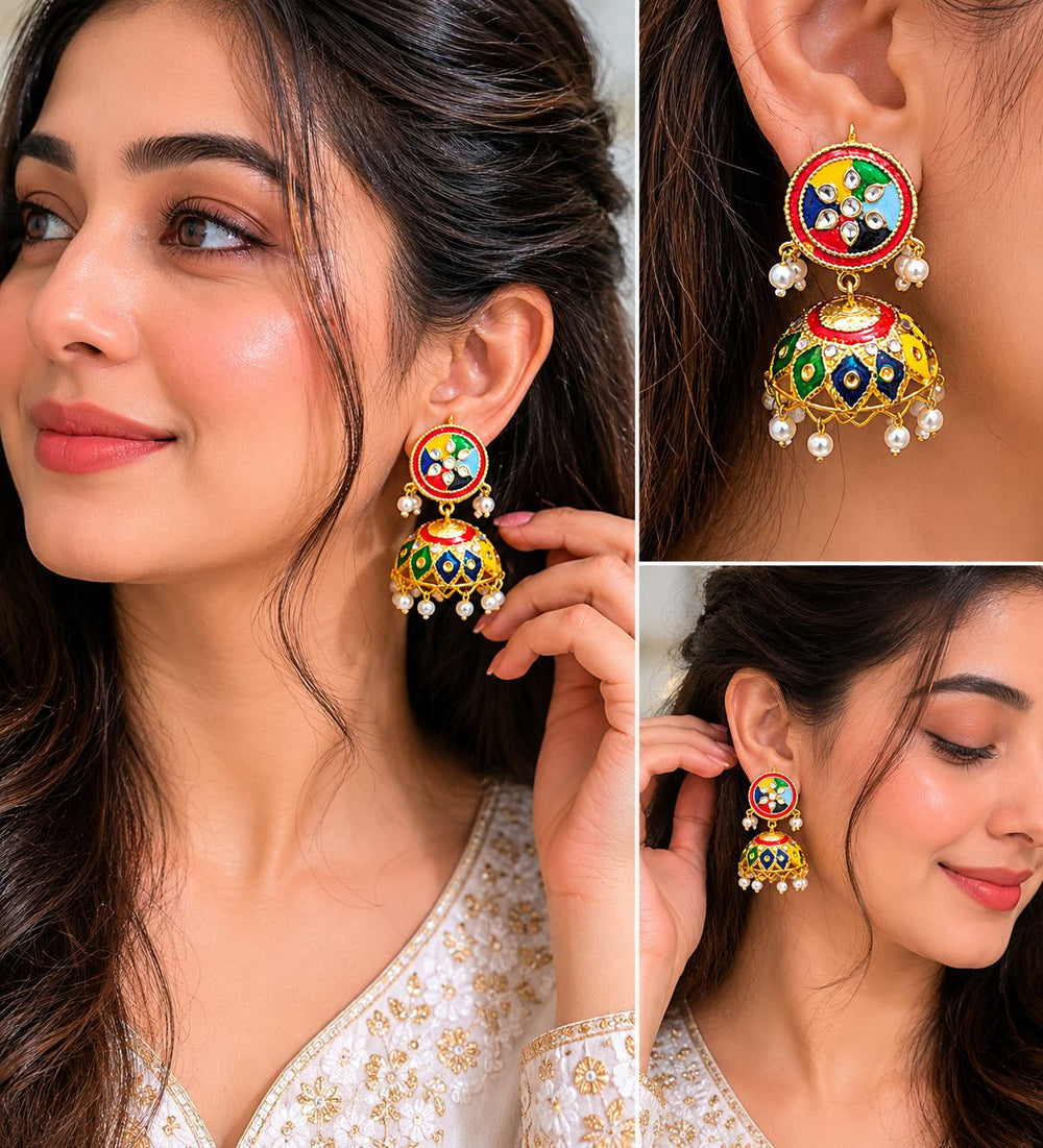 Multi Color Meenakari Jhumki Earrings with Pearl Drops - Jewel Harmony