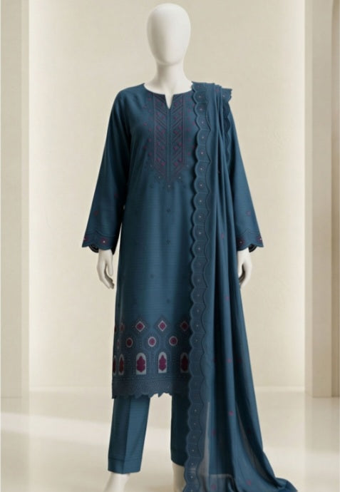 Elegant Teal Blue Emb Lawn 3Pcs Suit - Unstitched - Utsav