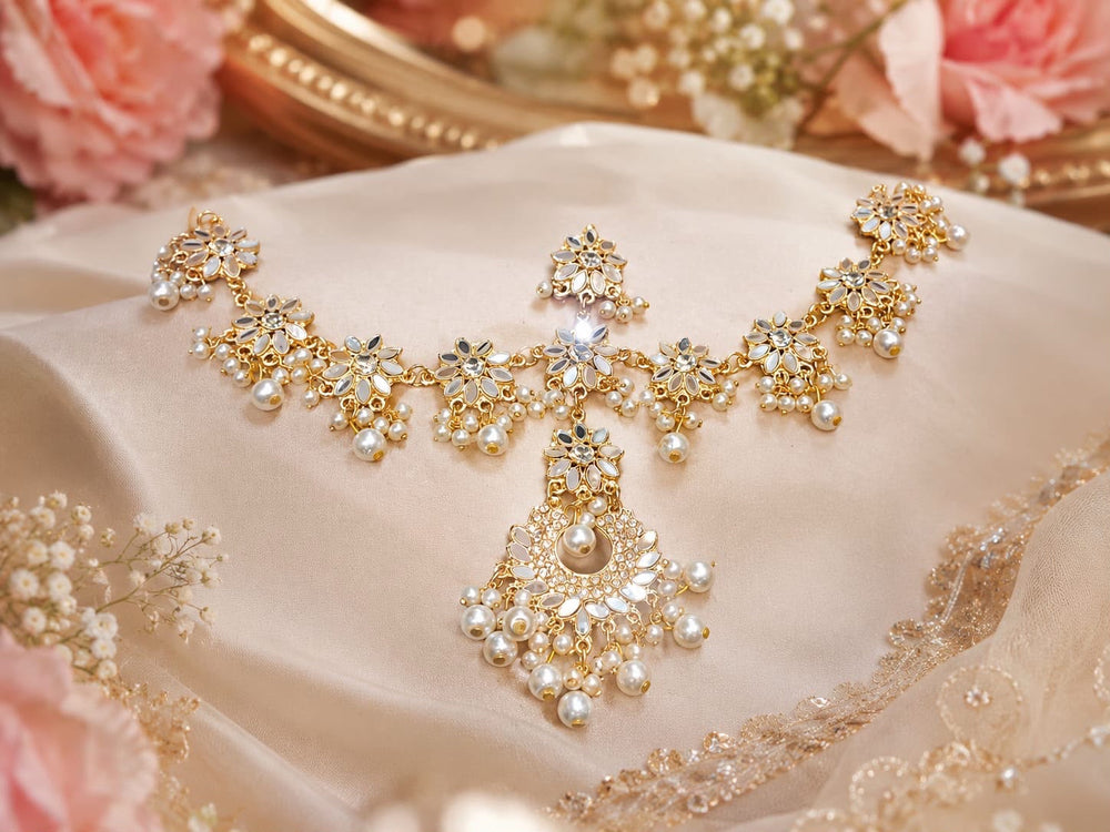 Golden Kundan Glass Matha Patti - Jewel Harmony