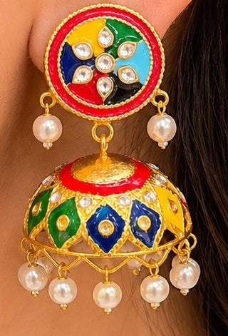 Multi Color Meenakari Jhumki Earrings with Pearl Drops - Jewel Harmony