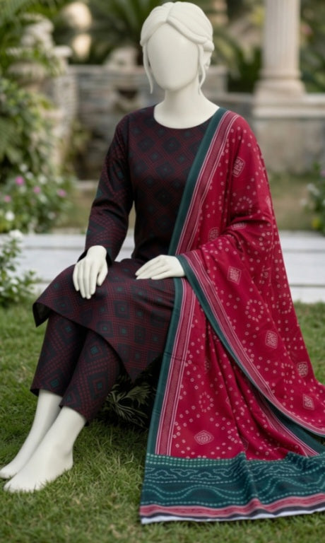Elegant Maroon Lawn 3Pcs Suit - Unstitched - Utsav