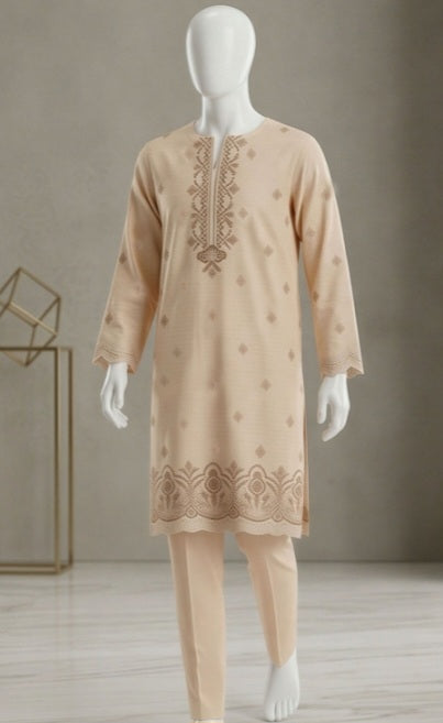 Elegant Beige Emb Lawn 3Pcs Suit - Unstitched - Utsav