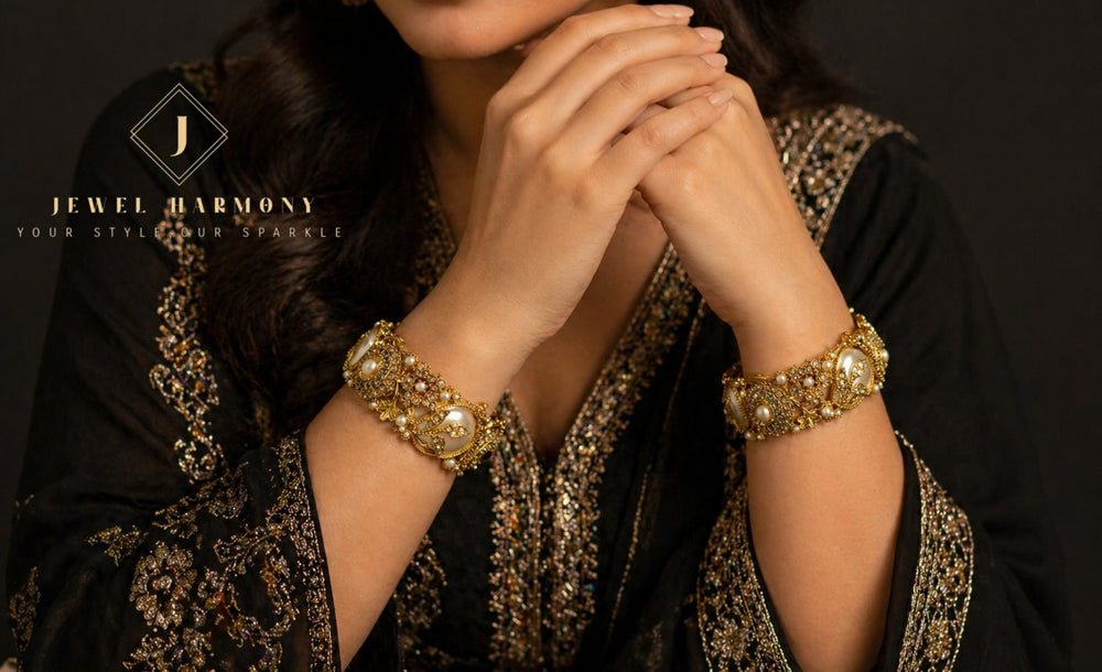 Royal Pearl Floral Gold Bangles Pair - Jewel Harmony