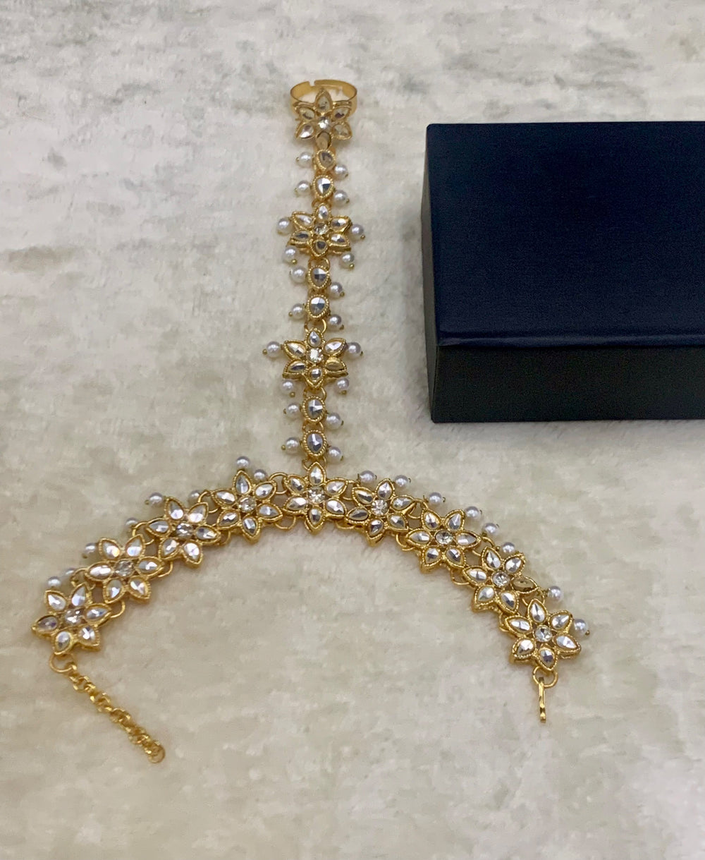 Golden Kundan Angla – Bridal Hath Phool with Pearl Drops - Jewel Harmony