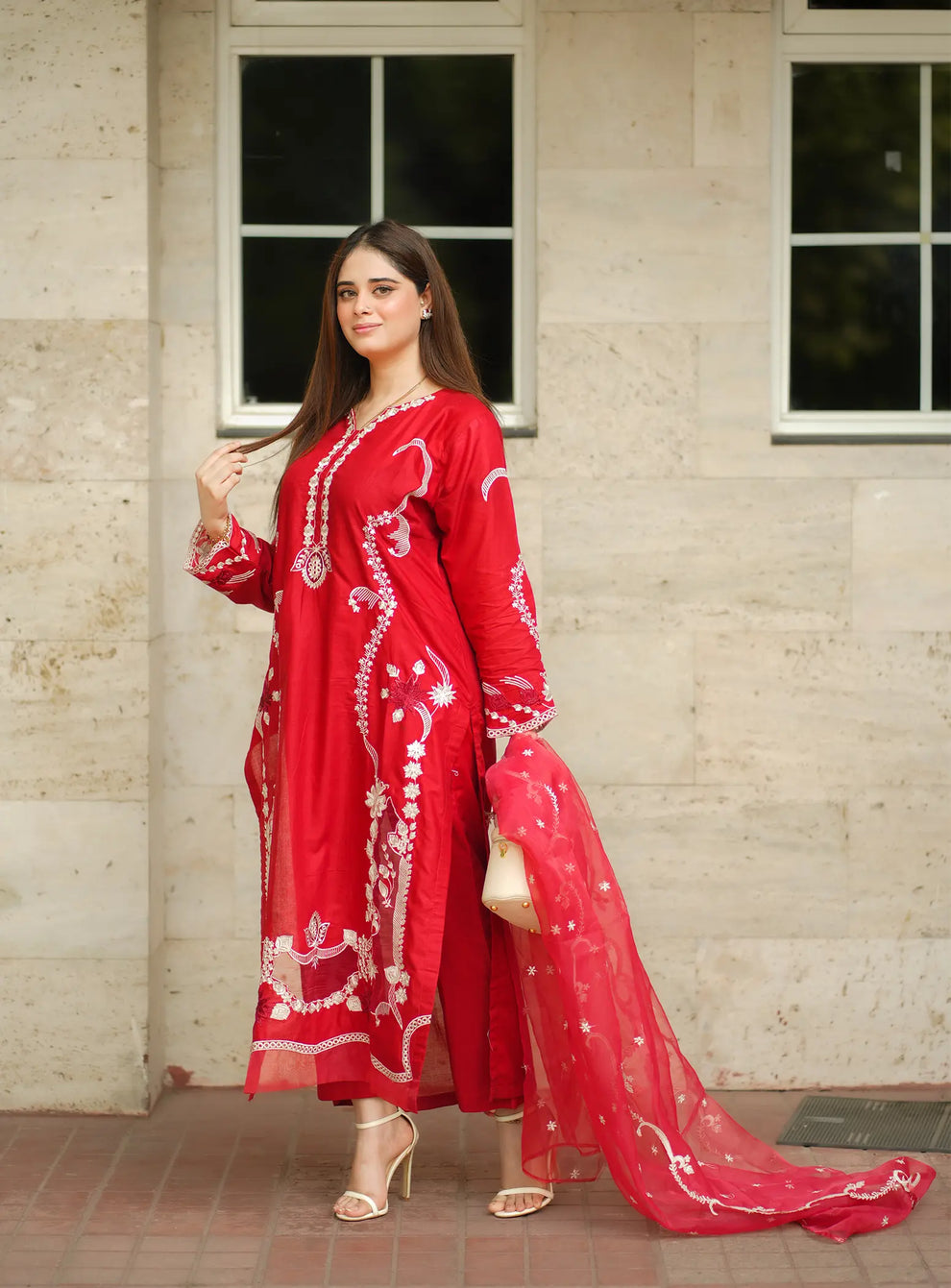 Red Reverie Embroidered 3 Piece Suit - Urban Haya