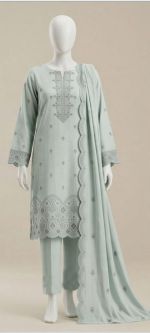 Serene Mint Green Emb Lawn 3Pcs Suit - Unstitched - Utsav