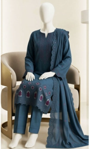 Elegant Teal Blue Emb Lawn 3Pcs Suit - Unstitched - Utsav
