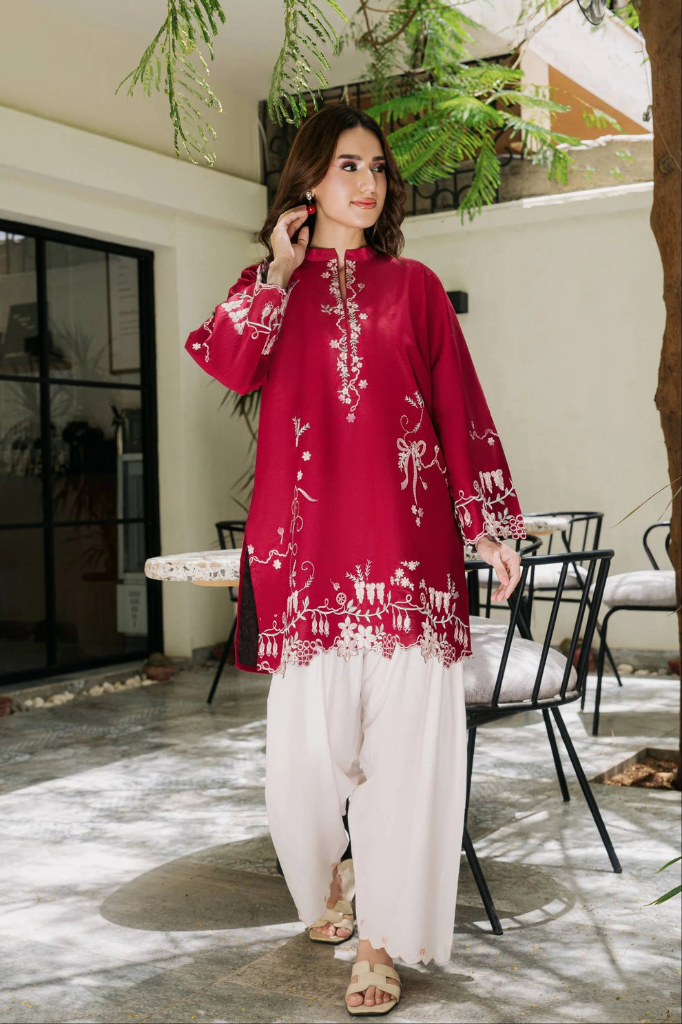 Crimson Embroidered 3PC Suit - Urban Haya