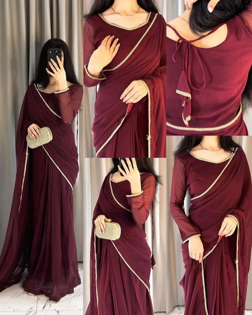 Square Neckline Shape Blouse with Chiffon Saree - Pachrangi