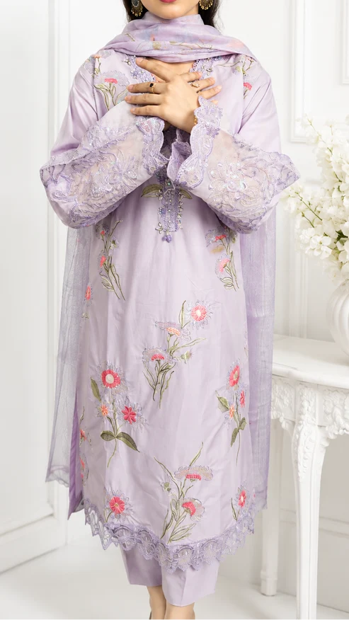 Lavender Bloom Embroidered 3 Piece Suit - Sit-ul-Banat