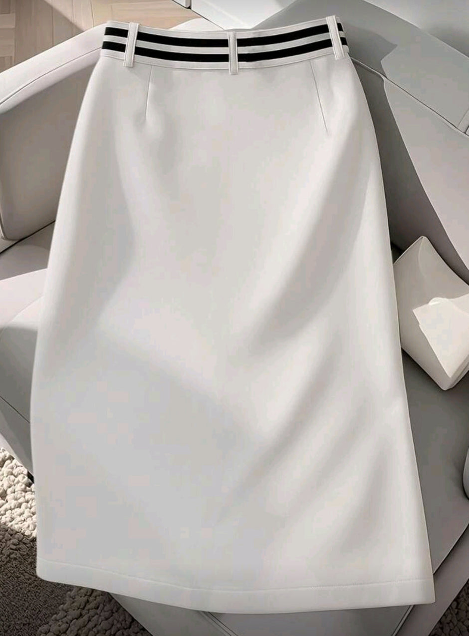 Elegant White High-Waisted Pleated Skirt With Black Button Accents - Stylish All-Season Fashion for women - Shahzahra